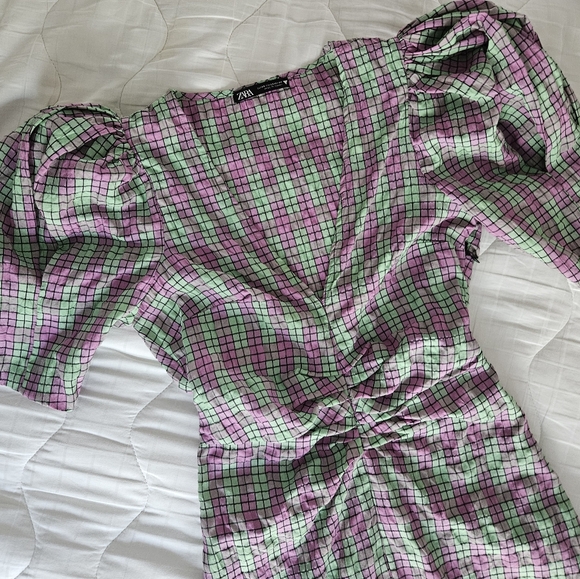 ZARA Pink & Green Plaid Seersucker Puff Sleeve Midi Dress | SZ XS - Picture 5 of 15